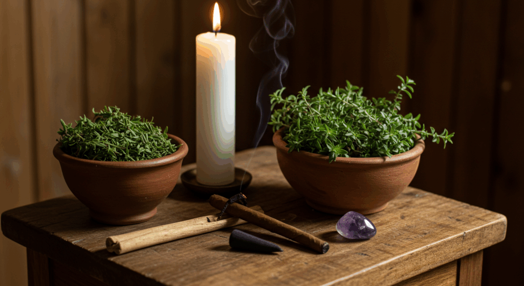 Incenso de sândalo, ervas frescas, vela, charuto e cristal em mesa de terreiro, para intuição na Umbanda.