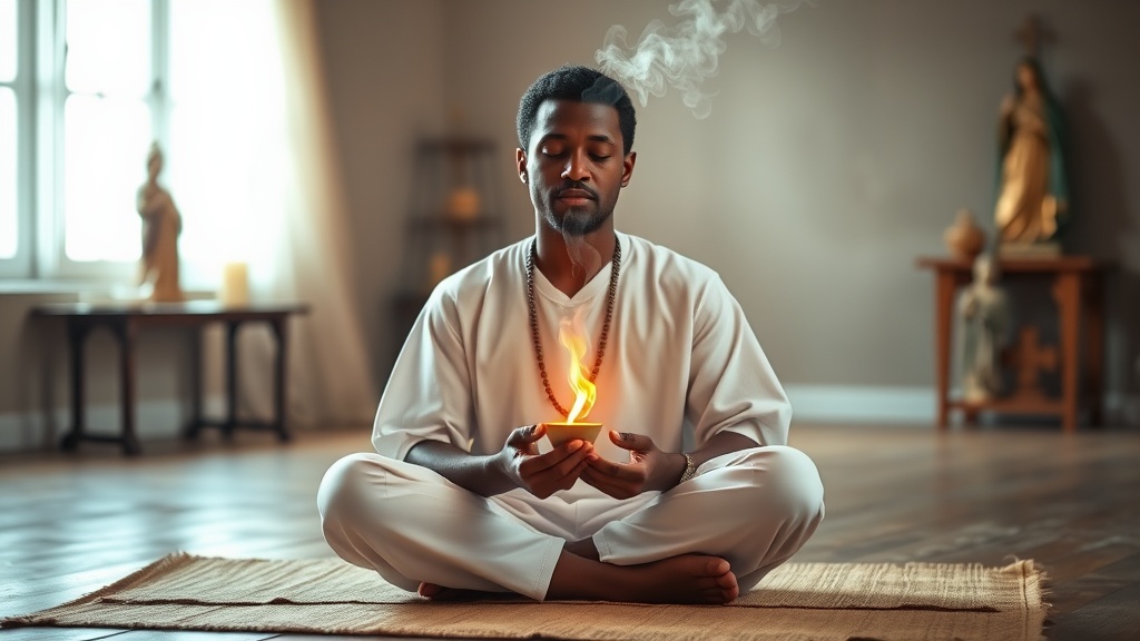 Médium de Umbanda em terreiro, praticando limpeza mental com defumador para afiar a intuição e a conexão.