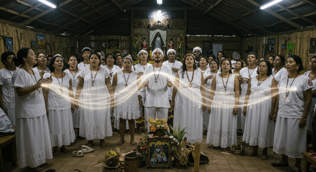 Médiuns de Umbanda de branco cantando ponto em terreiro, aprimorando a intuição coletiva e conexão espiritual.