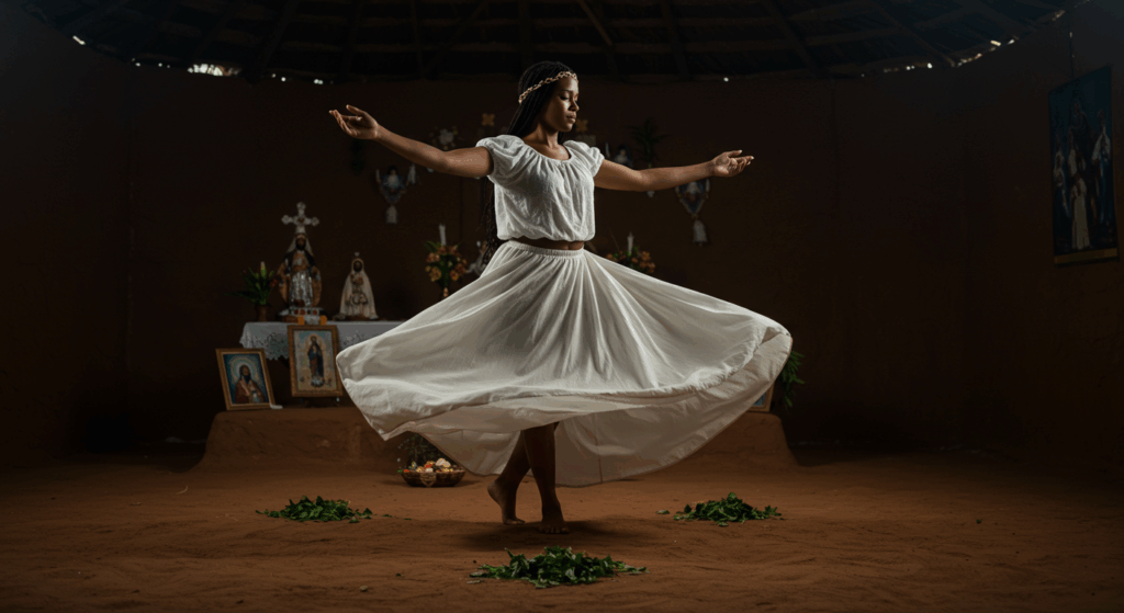 Sacerdotisa de Umbanda dançando descalça no terreiro, expressando conexão espiritual e serenidade.