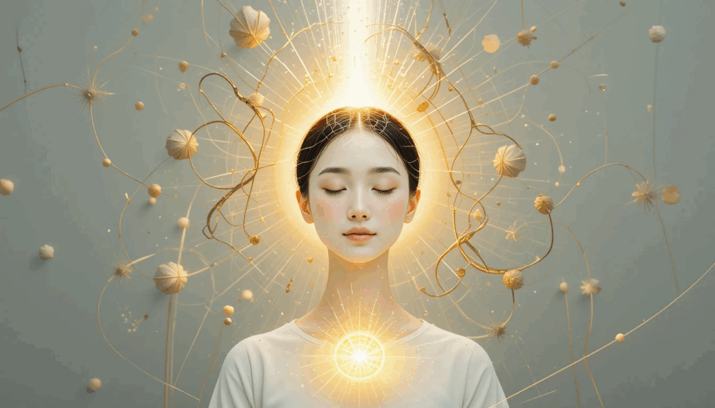 Pessoa meditando com luz interna, simbolizando a paz mental e o bem-estar alcançados através do ponto cantado na Umbanda.