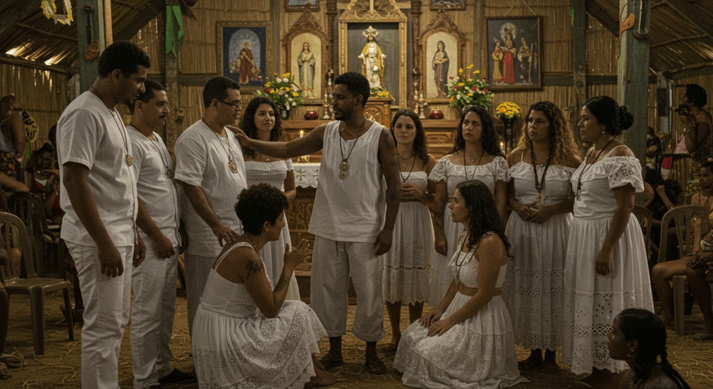 Sacerdote de Umbanda e médiuns de branco em terreiro com altar de santos católicos e atabaques, trocando axé e inspiração