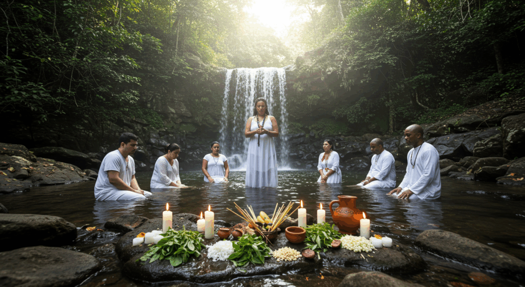 Sacerdote de Umbanda e filhos de santo de branco em banho ritualístico em cachoeira com ervas e velas, simbolizando purificação