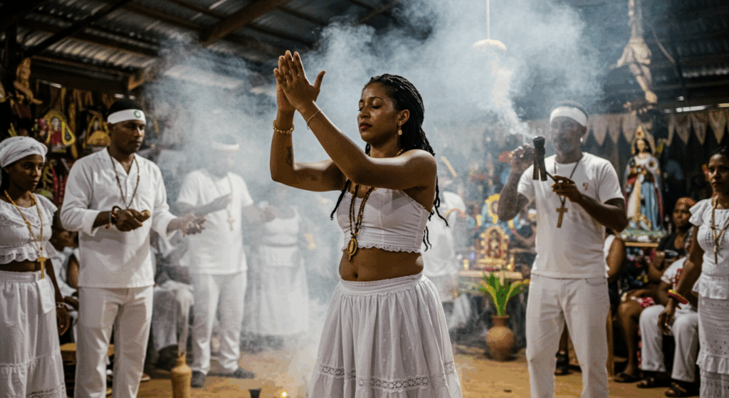 Médium de Umbanda em terreiro, praticando proteção espiritual e blindagem mental contra fofocas com defumador.