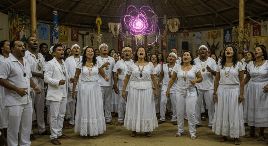 Médiuns de Umbanda de branco cantando ponto em terreiro, criando campo de proteção e união contra a negatividade.