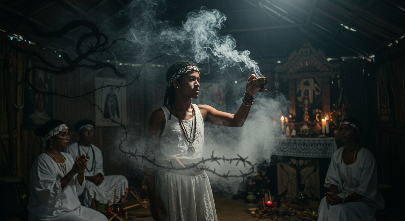 Médium de Umbanda em ritual de proteção contra fofoca com defumador, simbolizando blindagem mental e espiritual.
