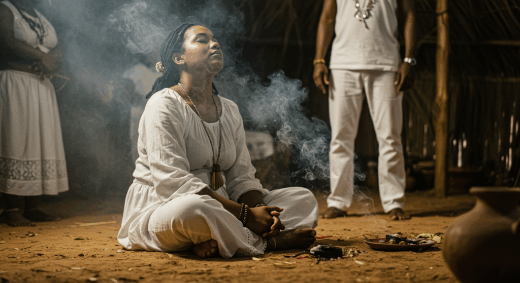 Médium de Umbanda em concentração no terreiro, com defumador e cigarro, em momento de preparo espiritual.