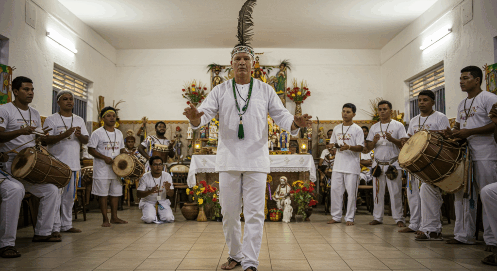 Médium branco incorporado com Caboclo, em terreiro vibrante com atabaques, demonstrando a firmeza na gira.